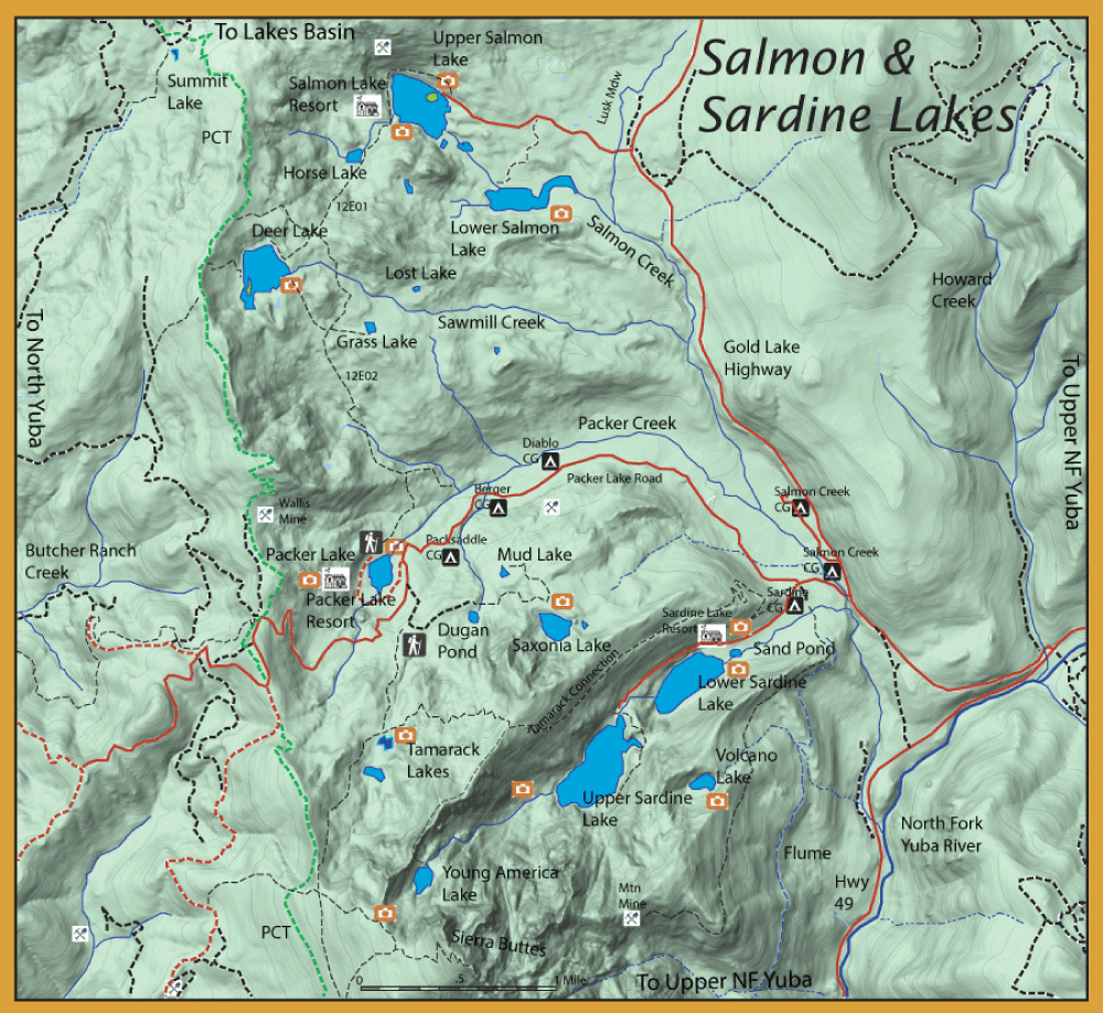 Topographic map of the Salmon & Sardine Lakes area with blue lakes, red roads, and dashed trails; labels include Upper/Lower Salmon Lakes, Sardine, Mud, and Packer Lakes.
