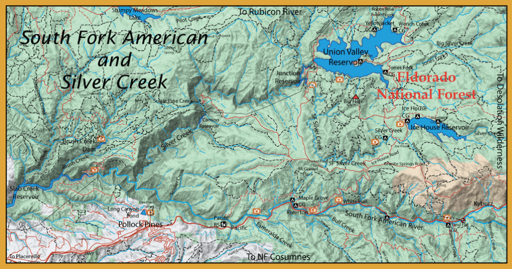 Topographic map of the South Fork American and Silver Creek area, with Eldorado National Forest and Union Valley Reservoir in view.