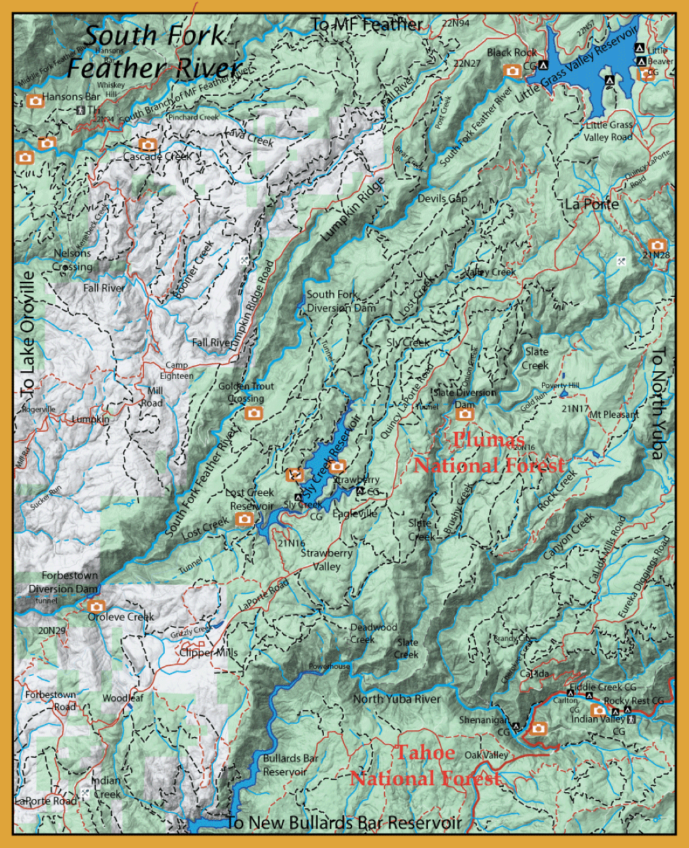 Topographic map of Plumas and Tahoe National Forests in Northern California, showing rivers (South Fork Feather River, North Yuba), roads, trails, reservoirs, and orange camera icons marking viewpoints.