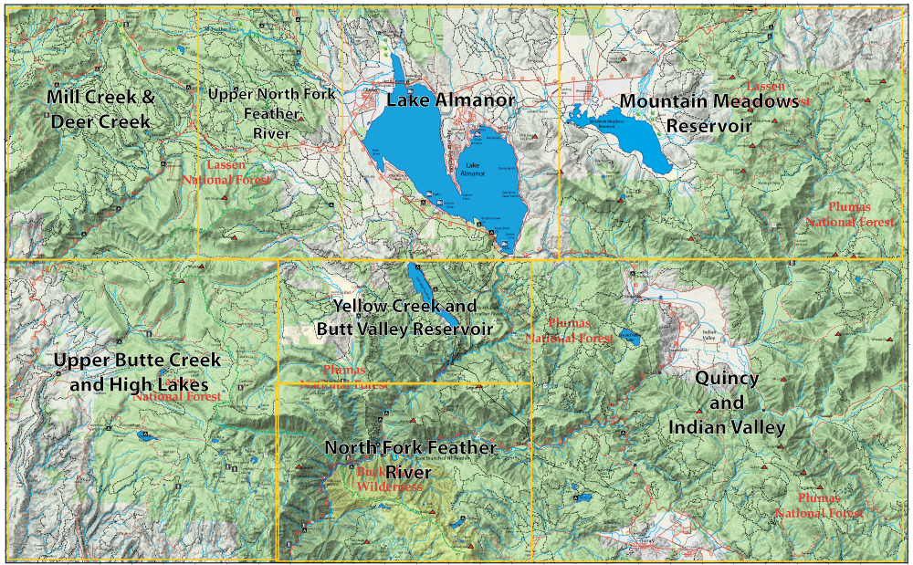 Regional map of northeastern California showing Lake Almanor and surrounding valleys, creeks, and national forests (Lassen and Plumas).