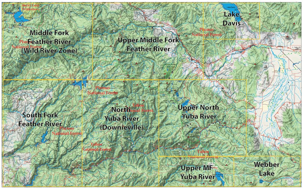 Topographic map of Northern Sierra showing river basins: Middle Fork Feather River, South Fork Feather River, North Yuba River (Downieville), Upper North Yuba River, Upper MF Yuba River, and Lake Davis, with Tahoe and Plumas National Forest labels.