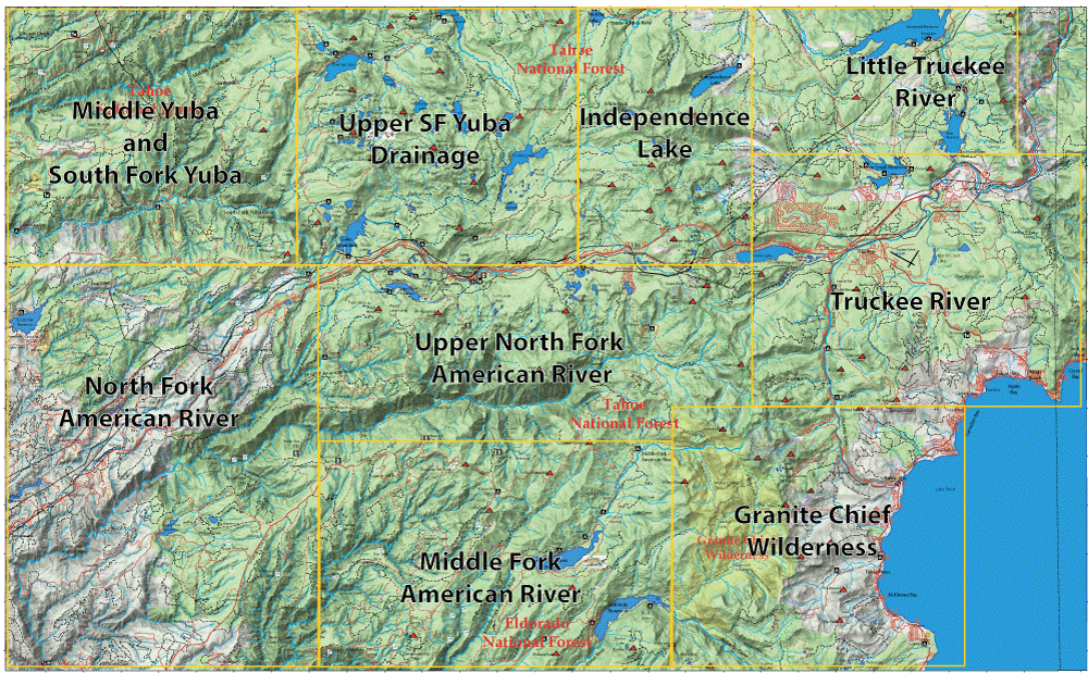 Topographic map of the Tahoe National Forest region showing the Yuba, Truckee, and American rivers with a yellow grid overlay.
