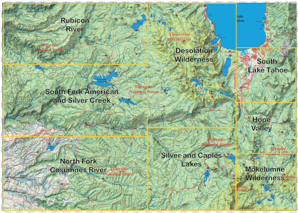 Regional map of the Lake Tahoe area showing Desolation Wilderness, South Lake Tahoe, and surrounding forests and rivers.