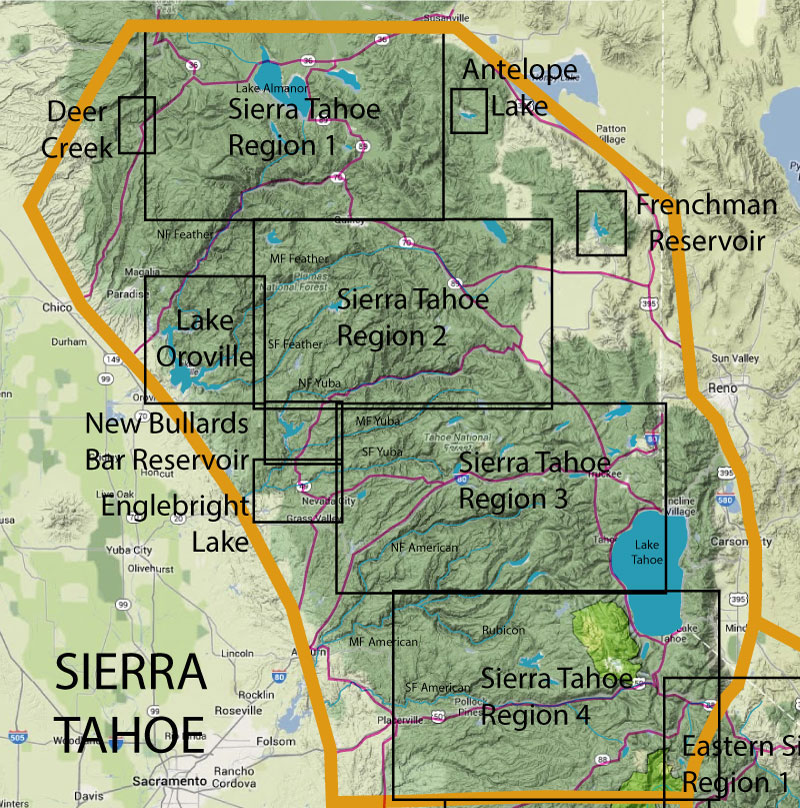 Map showing Sierra Tahoe region with four labeled subregions and an orange outer boundary, plus major lakes (Lake Tahoe, Antelope Lake) and reservoirs.
