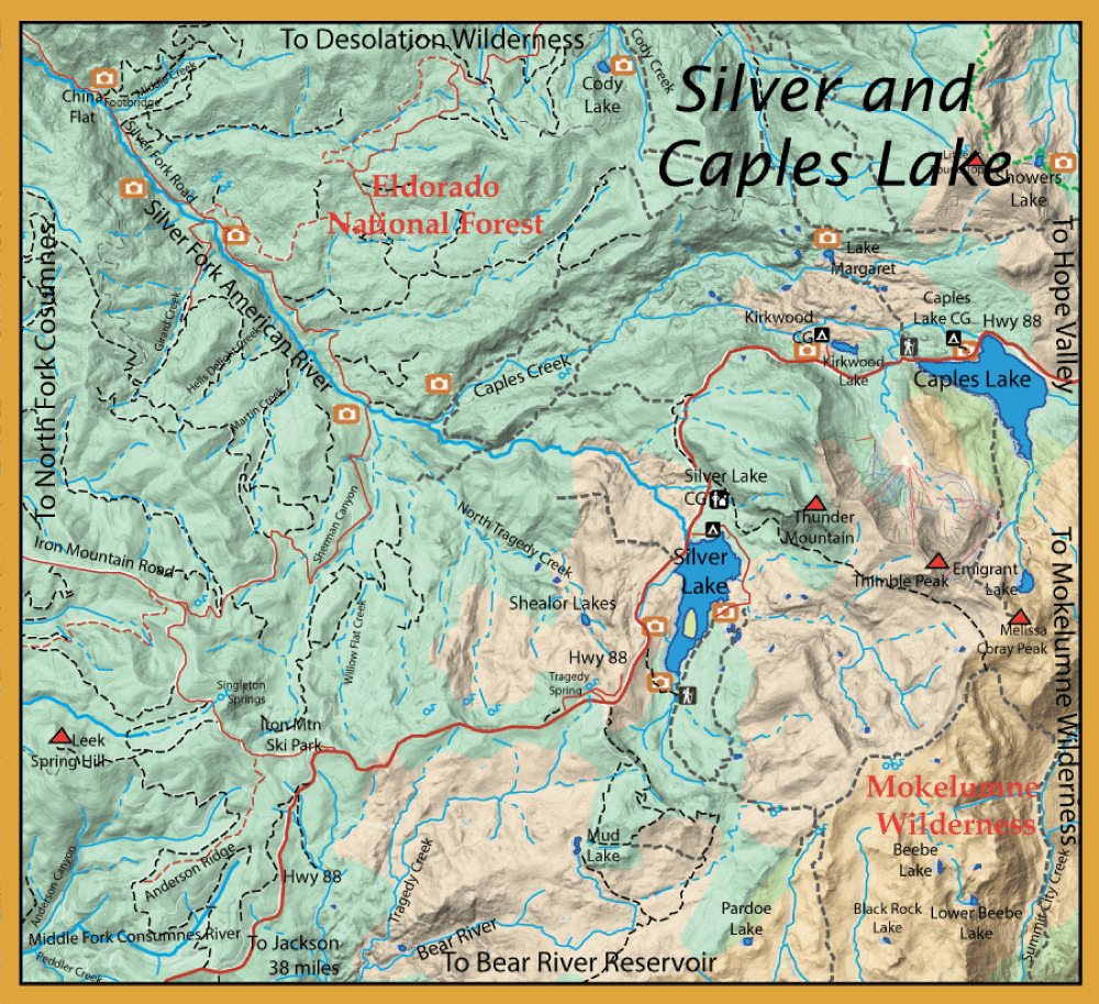 Topographic map of Silver and Caples Lakes area in Eldorado National Forest, showing trails, roads, and surrounding wilderness boundaries.
