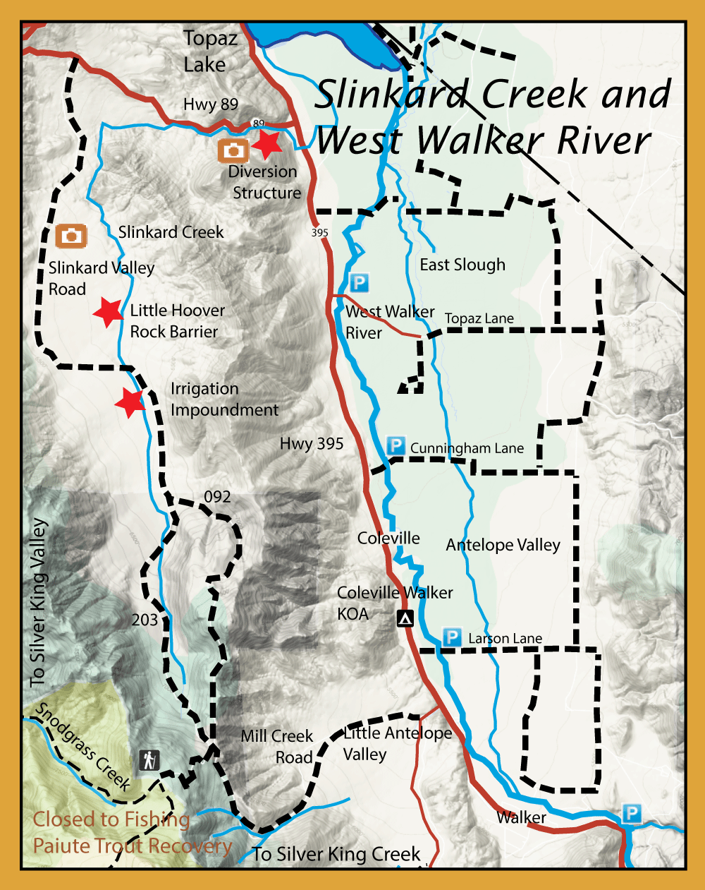 Topographic map of Slinkard Creek and West Walker River area showing major roads, trails, parking symbols, and key landmarks (Diversion Structure, Irrigation Impoundment, rock barrier) with nearby towns Coleville and Walker and surrounding valleys.