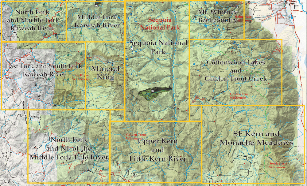 Map of Sequoia National Park region with a yellow grid showing labeled rivers and valleys.