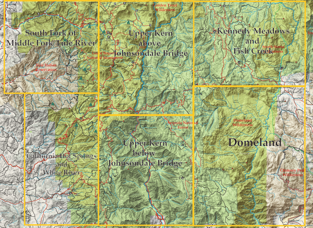 Collaged map showing labeled wilderness regions with yellow grid lines: South Fork of Middle Fork Tule River, Upper Kern above Johnsondale Bridge, Kern Meadows and Fish Creek, California Hot Springs and White River, Upper Kern below Johnsondale Bridge, and Domeland Wilderness.