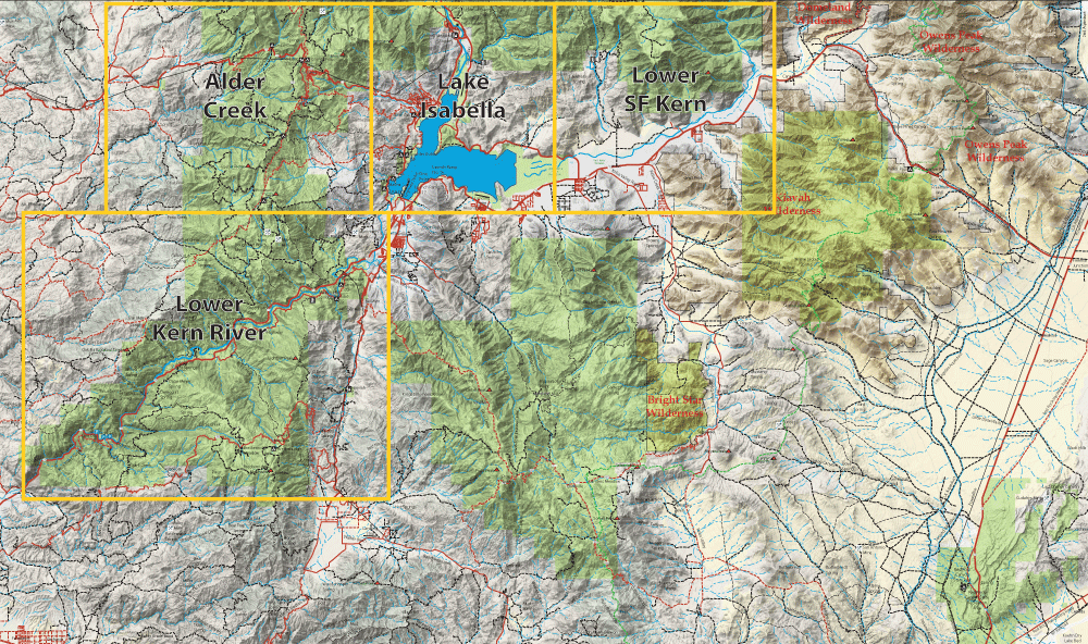 Topographic map of the Kern River area with four yellow-highlighted regions around Lake Isabella and the Lower Kern River.