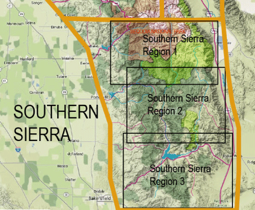 Map of the Southern Sierra with an orange-bordered area containing three labeled regions: Southern Sierra Region 1, 2, and 3.