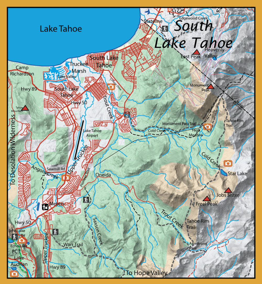 Topographic map of South Lake Tahoe area with Lake Tahoe at the top left and trails, roads, and landmarks labeled throughout the basin.