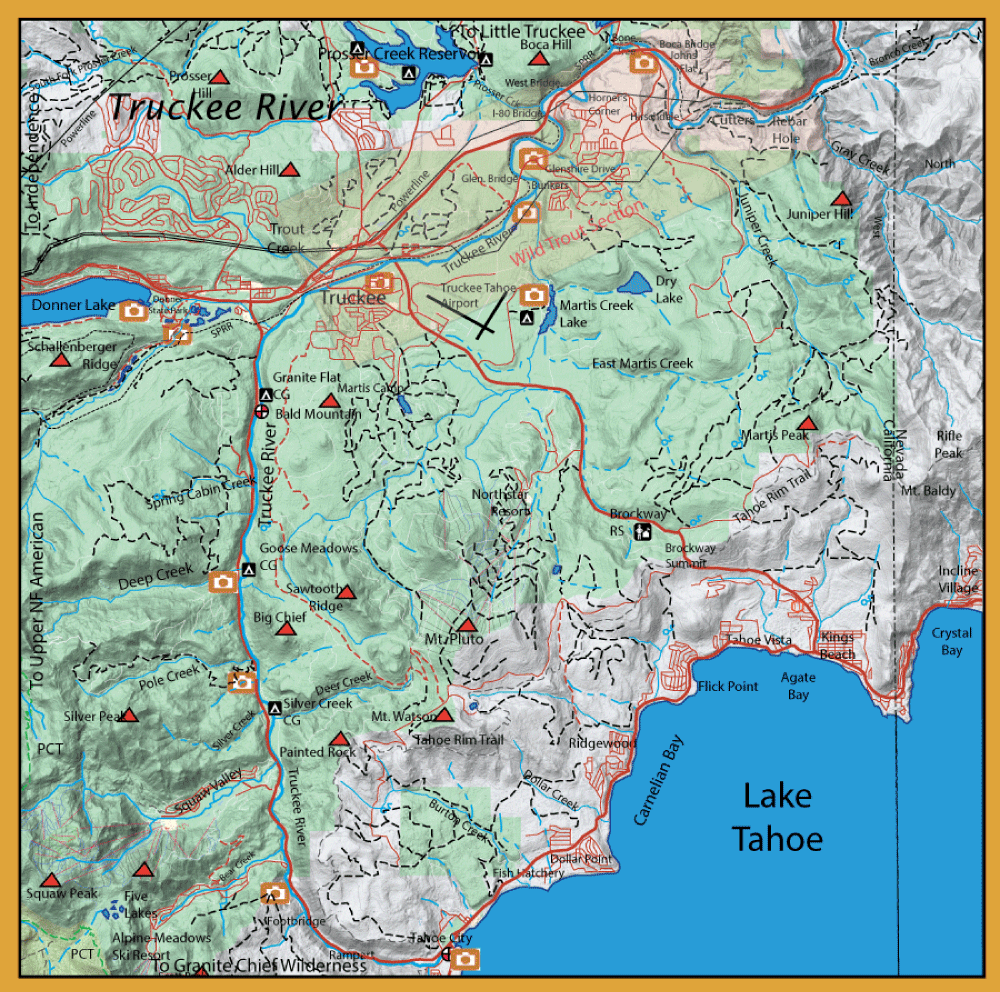 Topographic map of the Lake Tahoe region showing trails, roads, peaks, and campsites with Lake Tahoe on the southeast edge.