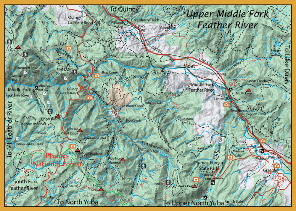 Topographic map of Plumas National Forest showing trails, rivers, roads, and points of interest around the Upper North Yuba and Feather River regions.