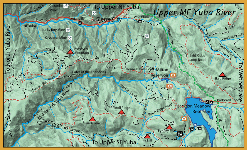 Topographic map of the Yuba River area showing trails, streams, and peaks around Jackson Meadow Reservoir and Pinoli Ridge