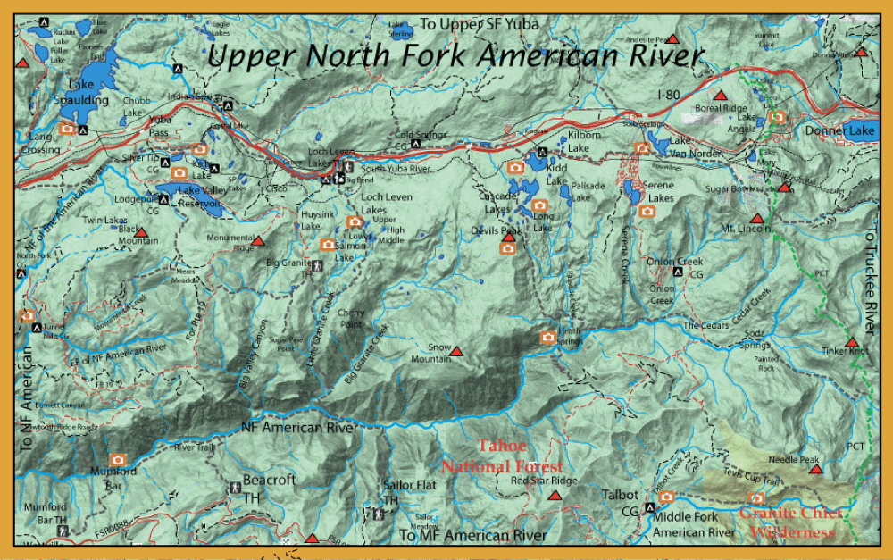 Topographic map of the Upper North Fork American River area in California, showing lakes, rivers, trails, towns, and the Tahoe National Forest boundary.