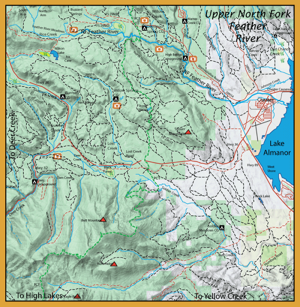 Topographic map of a mountainous area with trails, campsites, and Lake Almanor to the east.