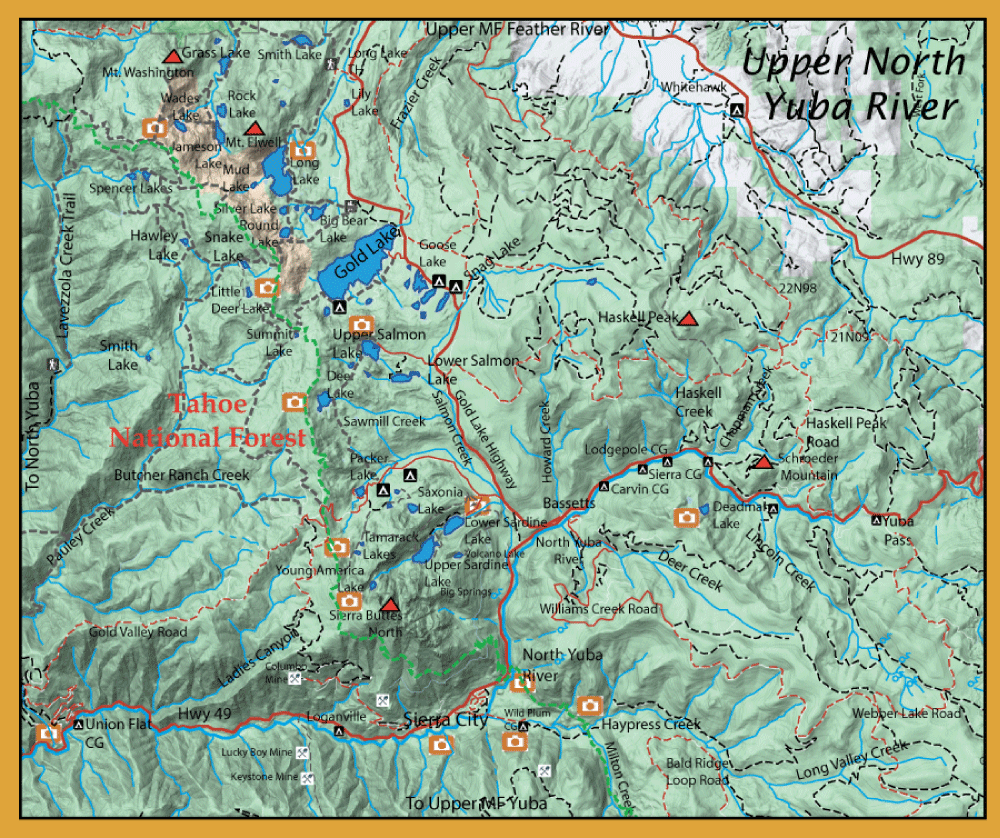 Detailed topographic map of Tahoe National Forest showing lakes, trails, rivers, and campsites.