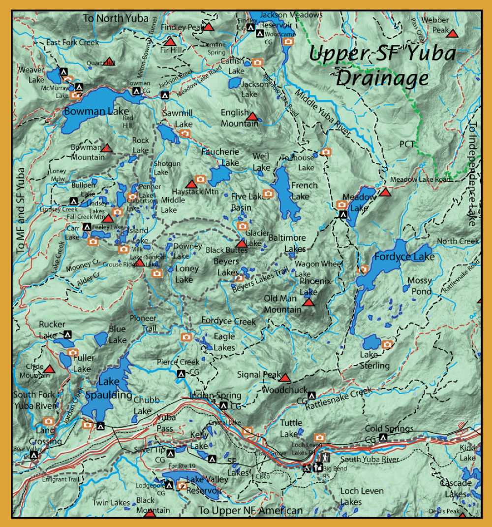 Topographic map of Upper and Lower Yuba drainage area with lakes, trails, and campsites labeled for navigation.