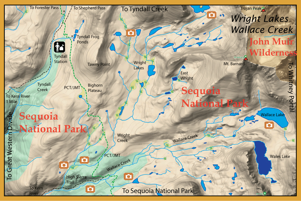 Topographic map of Sequoia National Park and John Muir Wilderness showing trails, lakes, and photo points.
