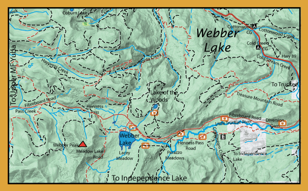 Topographic map of Webber Lake area with contour shading, trails (dashed), roads (colored lines), and streams (blue).