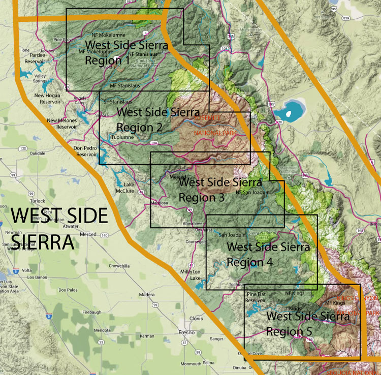 Map of West Side Sierra with five labeled regions (Regions 1–5) outlined in black and orange boundary lines.