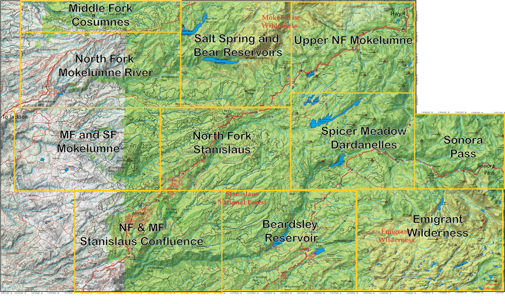 Map showing labeled forest and wilderness regions in the Mokelumne/Stanislaus area, including North Fork Mokelumne River and Beardsley Reservoir (grid layout).