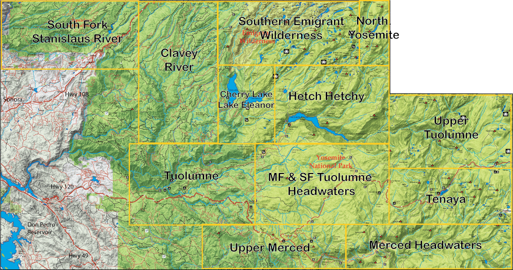 Topographic map of Yosemite region with a yellow grid labeling Tuolumne, Hetch Hetchy, Merced Headwaters, Tenaya, and surrounding rivers.