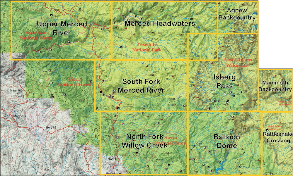 Map of the Merced River region with labeled rivers and backcountry areas, overlaid by a yellow grid.