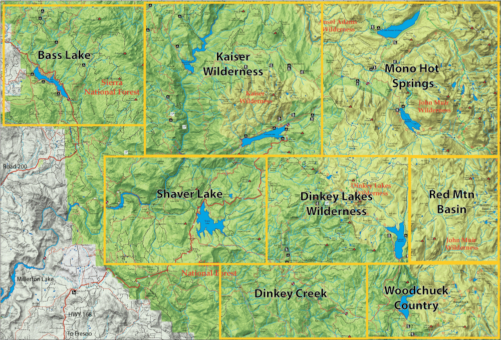 Topographic map of central Sierra Nevada showing labeled basins and wilderness areas (Bass Lake, Kaiser Wilderness, Mono Hot Springs, Shaver Lake, Dinkey Lakes Wilderness, Dinkey Creek, Woodchuck Country) with blue lakes and red forest labels, and yellow boundary borders.
