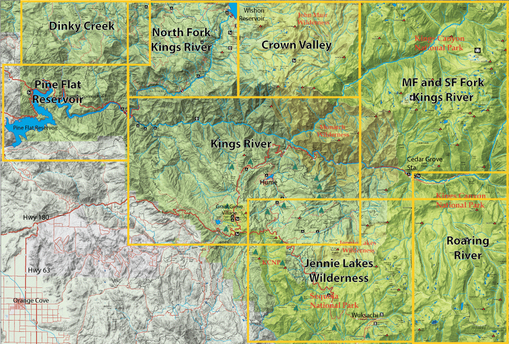 Topographic map of the Kings River area with yellow grid overlay, showing Pine Flat Reservoir, Dinky Creek, and surrounding wilderness regions.