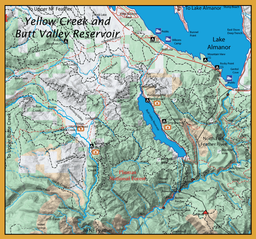 Map of Yellow Creek and Butt Valley Reservoir beside Lake Almanor, showing Plumas National Forest, trails, and campsites.