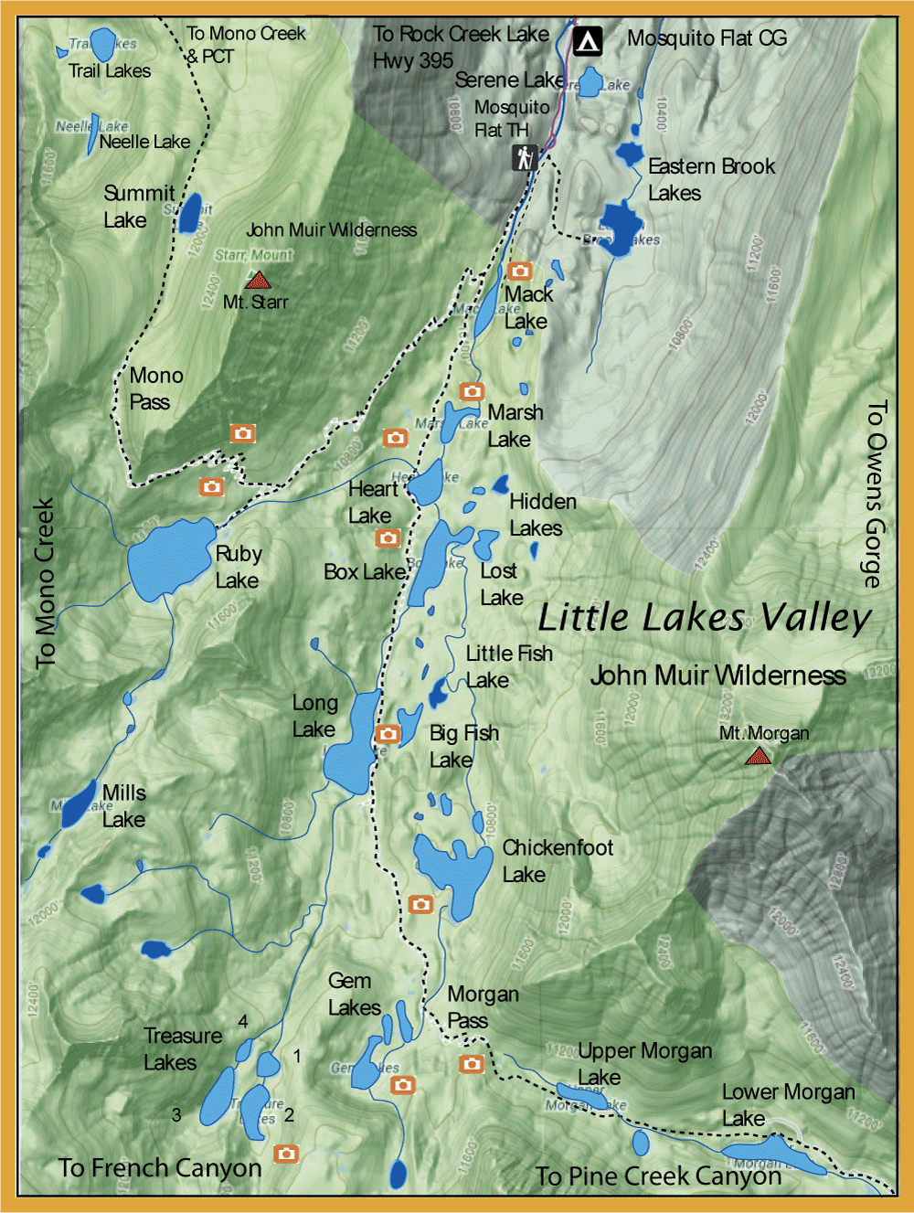 Topographic map of Little Lakes Valley showing lakes, trails, and John Muir Wilderness boundaries.