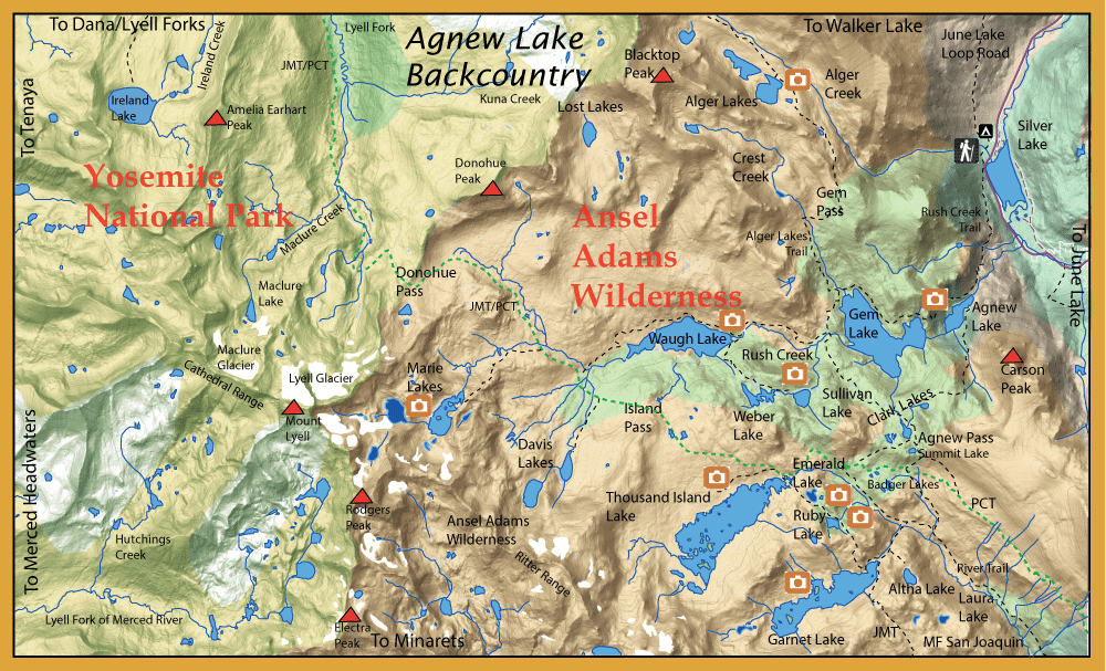 Topographic map showing Ansel Adams Wilderness and surrounding areas (Yosemite National Park to the west), with lakes, peaks, trails, and camera icons marking viewpoints.