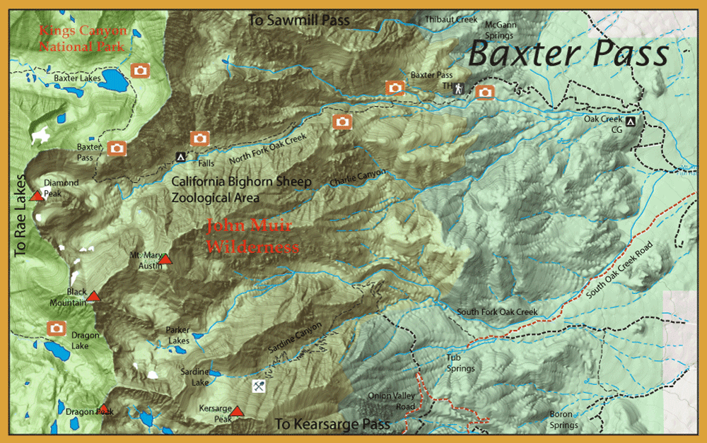Topographic map of John Muir Wilderness showing Baxter Pass, lakes, streams, trails, and camera icons (points of interest).