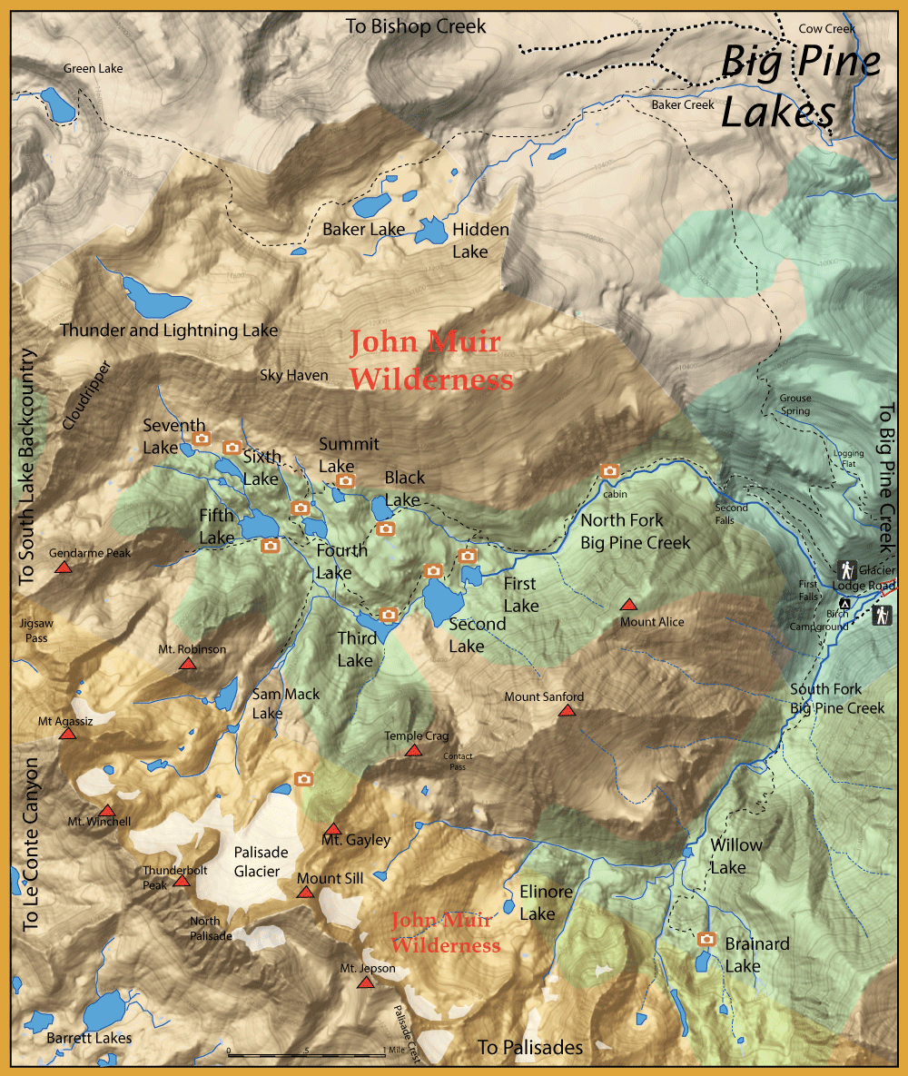 Topographic map of John Muir Wilderness showing lakes, peaks, trails, and shaded terrain in brown and green.