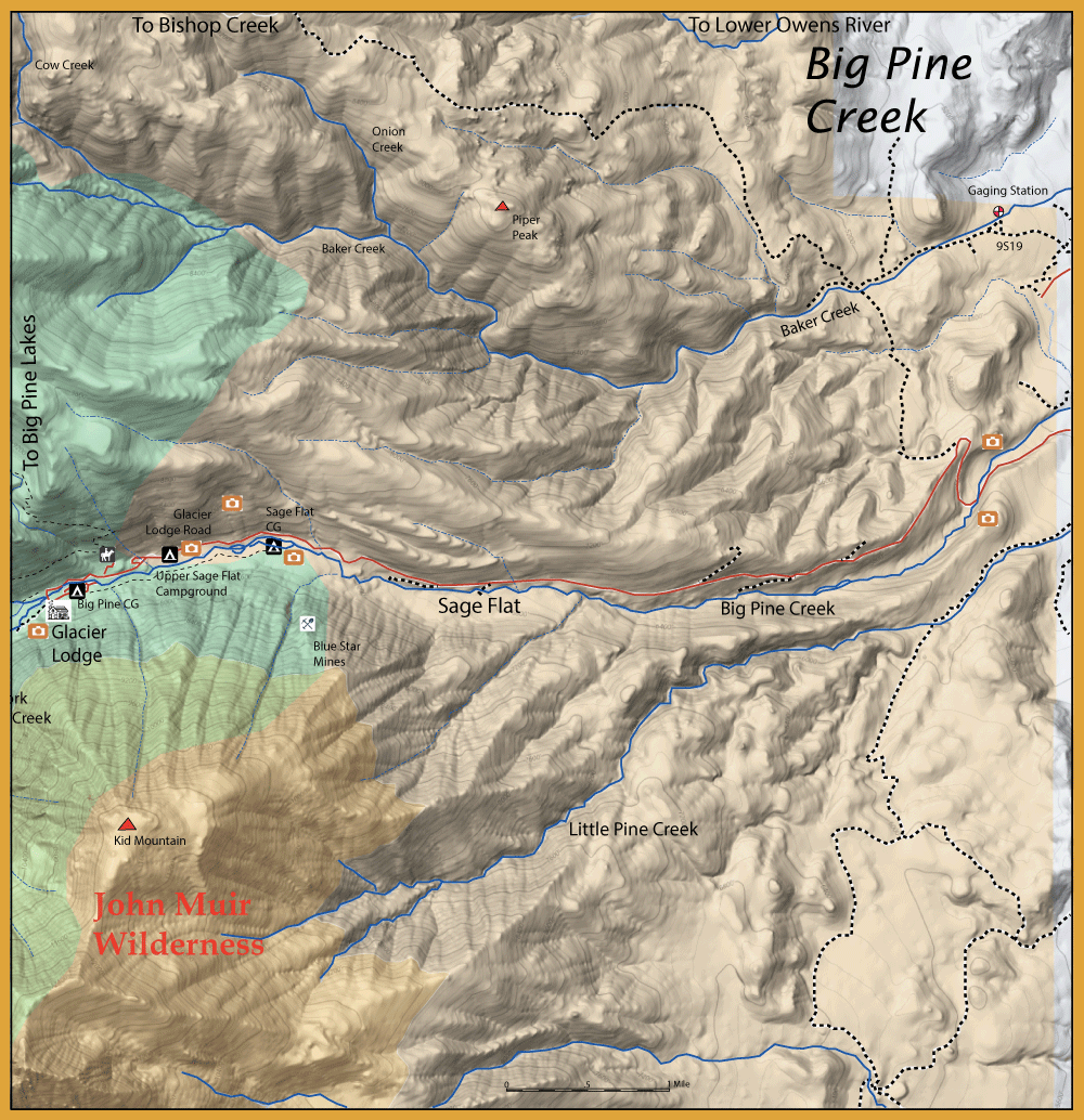 Topographic map of the John Muir Wilderness showing trails, creeks, and campsites around Sage Flat and Big Pine Creek area.