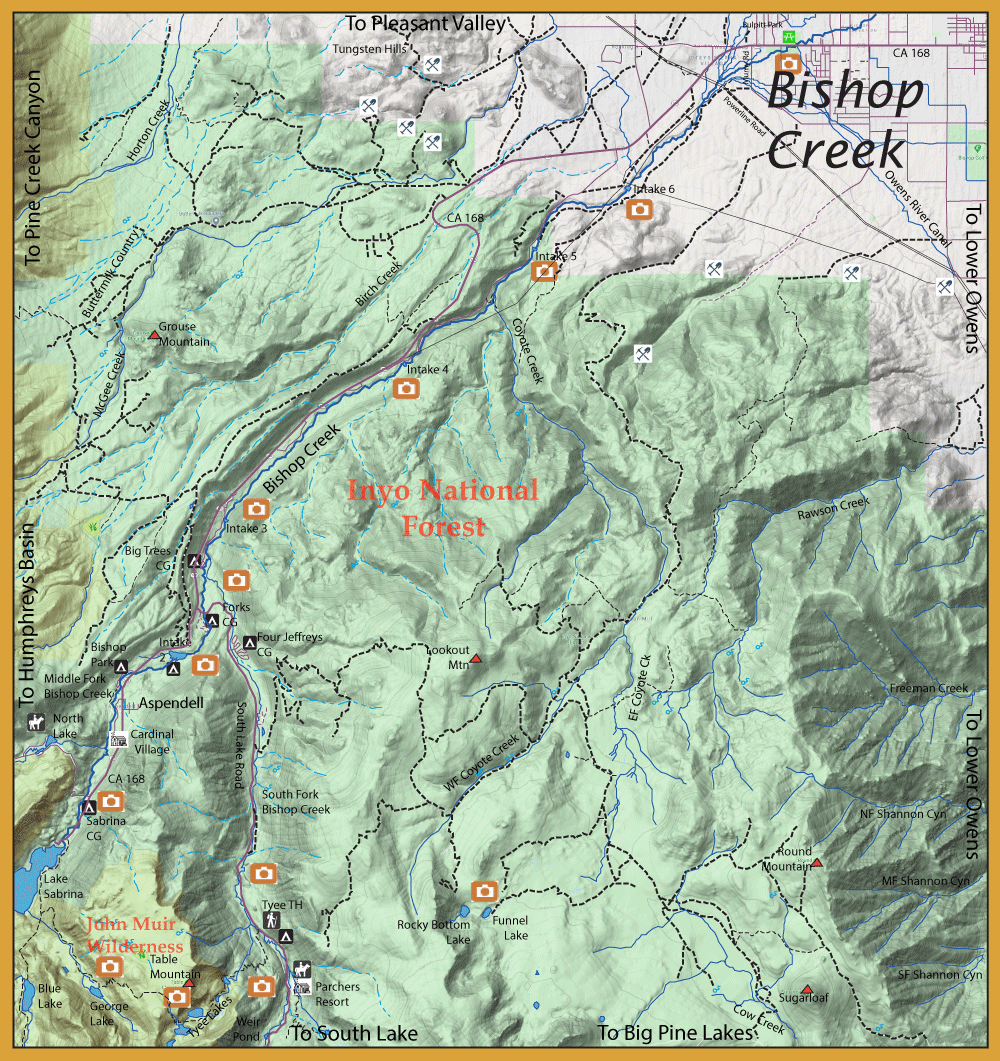 Topographic map of Inyo National Forest around Bishop Creek showing trails, creeks, lakes, and photo points marked by camera icons.