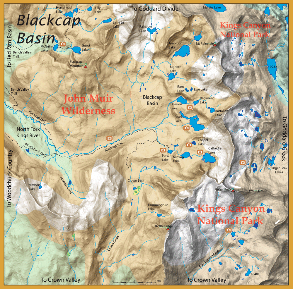 Topographic map of John Muir Wilderness and Kings Canyon National Park showing lakes, trails, and labeled basins.