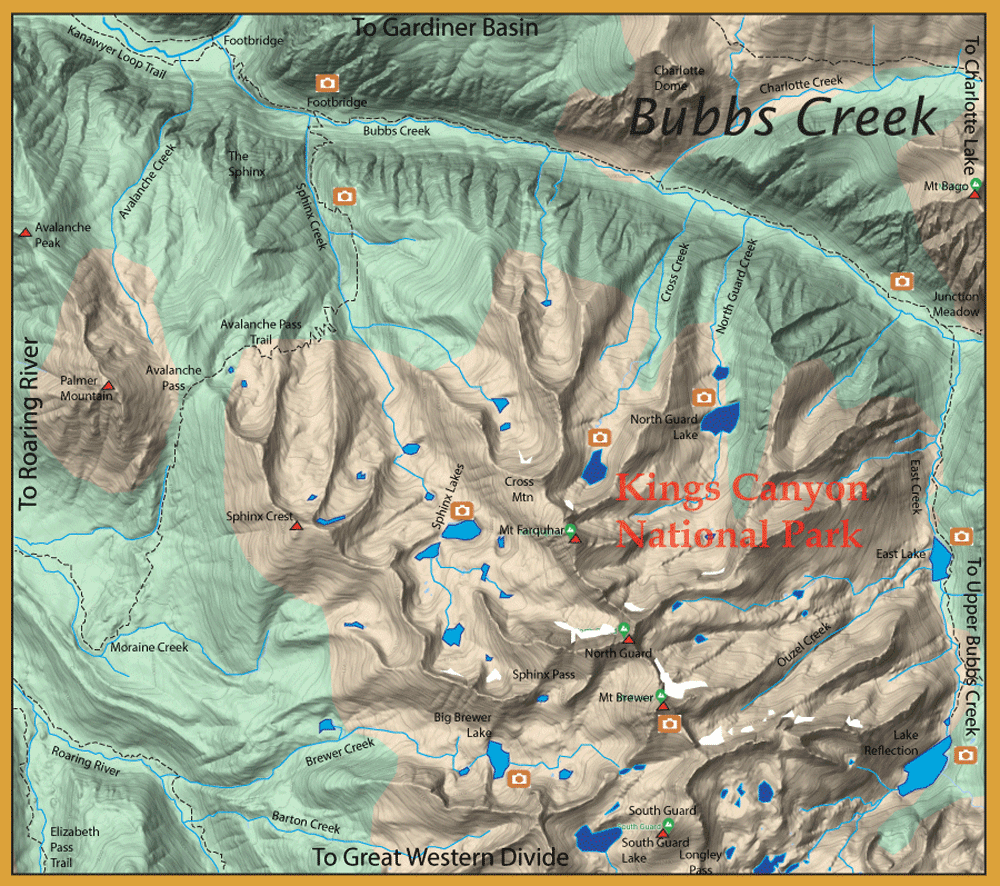 Topographic map of Kings Canyon National Park showing canyons, lakes, trails, and major landmarks labeled across rugged mountains.