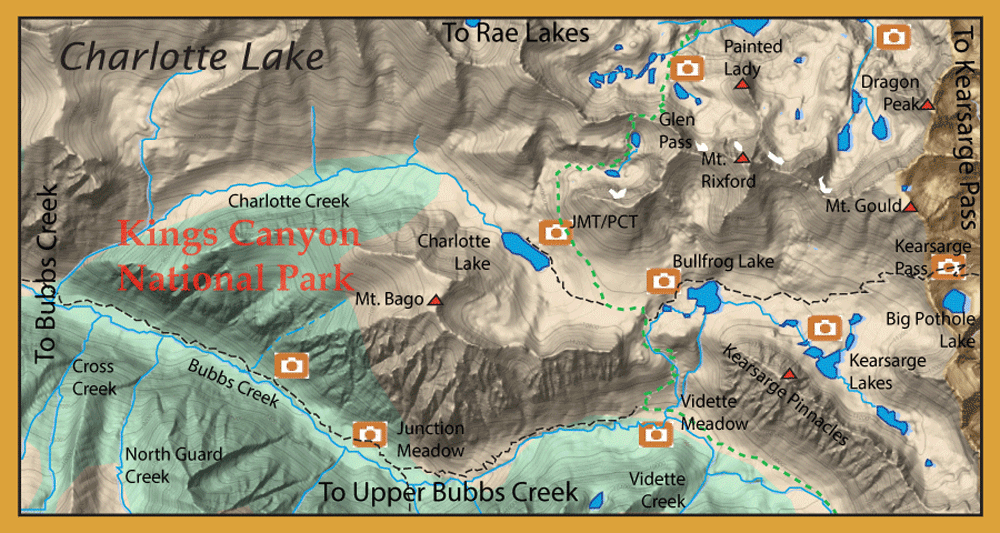 Topographic map of Kings Canyon National Park with green dashed trails, blue lakes, and camera icons at viewpoints near Charlotte Lake and Bubbs Creek.