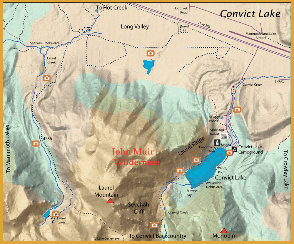 Topographic map of John Muir Wilderness showing Convict Lake area, trails, ridges, and camera icons marking points of interest.