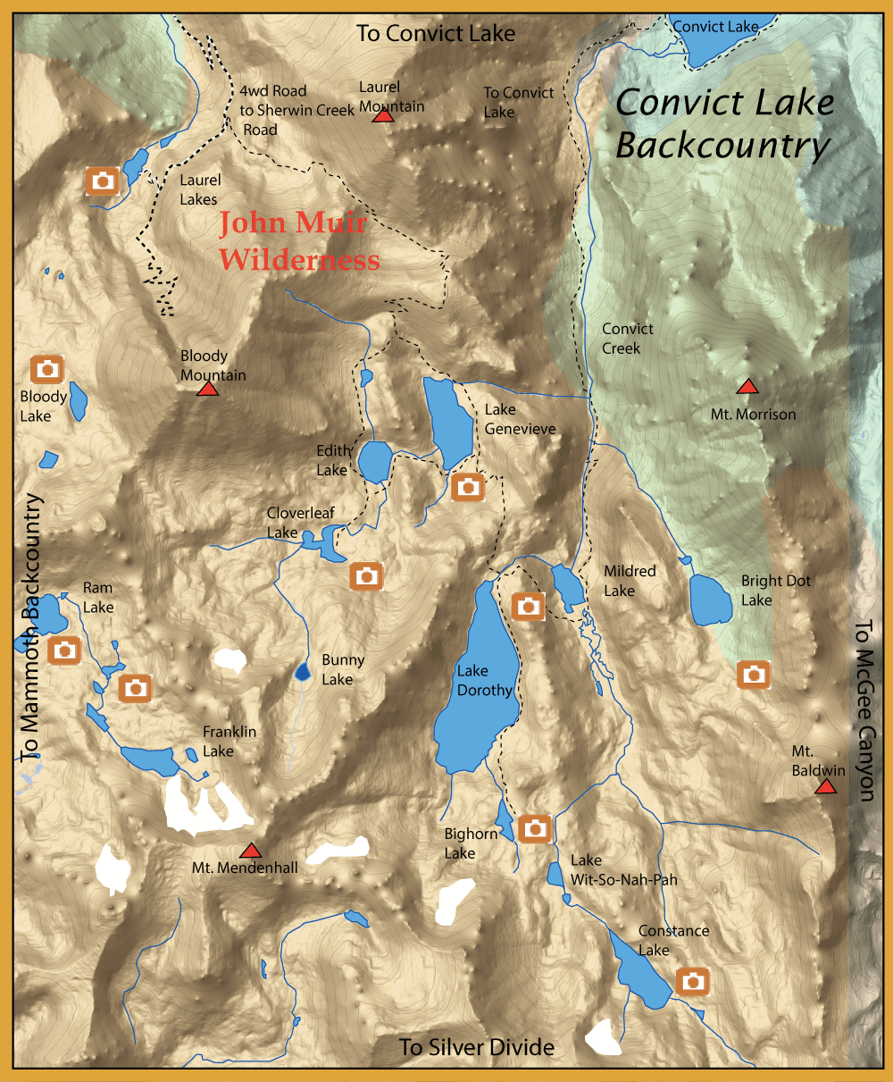 Topographic map of John Muir Wilderness and Convict Lake Backcountry showing peaks like Laurel Mountain and Mt Morrison, many blue lakes, trails, and camera viewpoints.