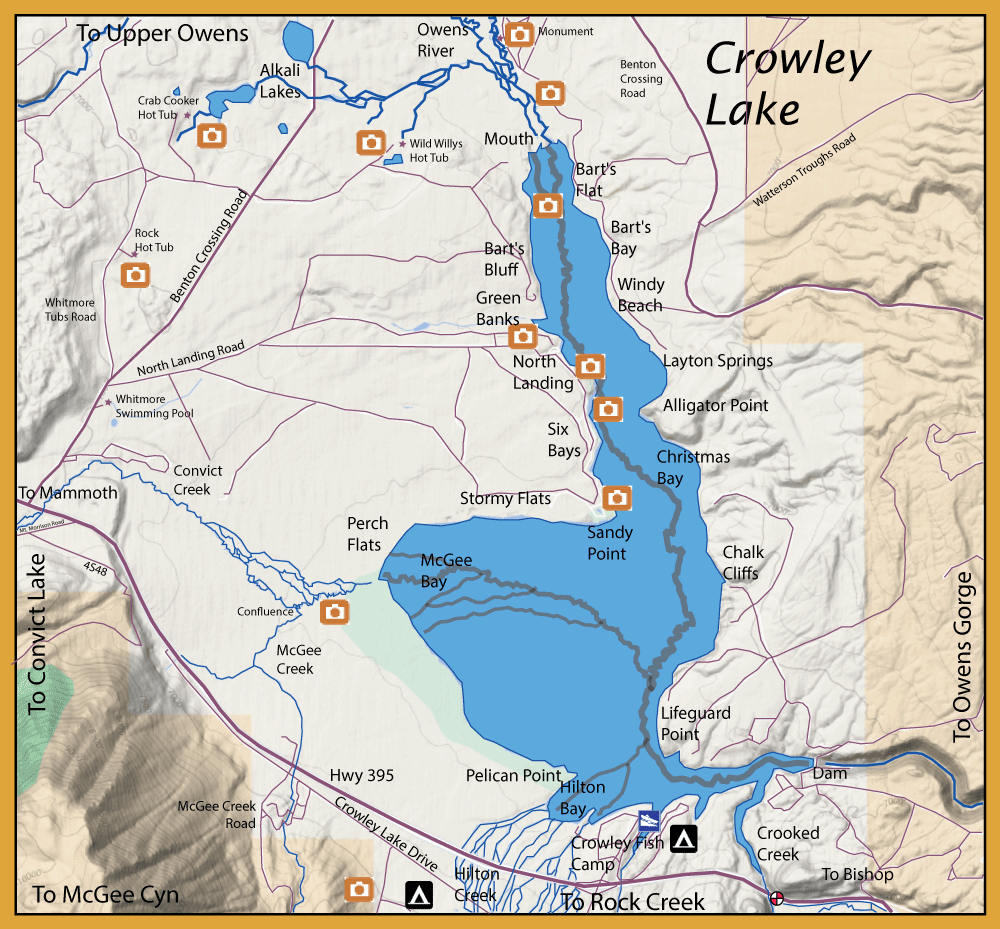 Map of Crowley Lake area with labeled towns around the lake and several orange photo icons marking viewpoints or photo spots along the coast and roads.