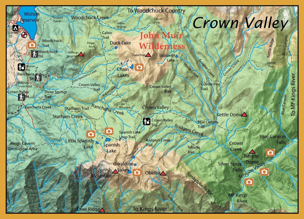 Topographic map of Crown Valley and John Muir Wilderness with streams, lakes, trails, and orange photo markers.