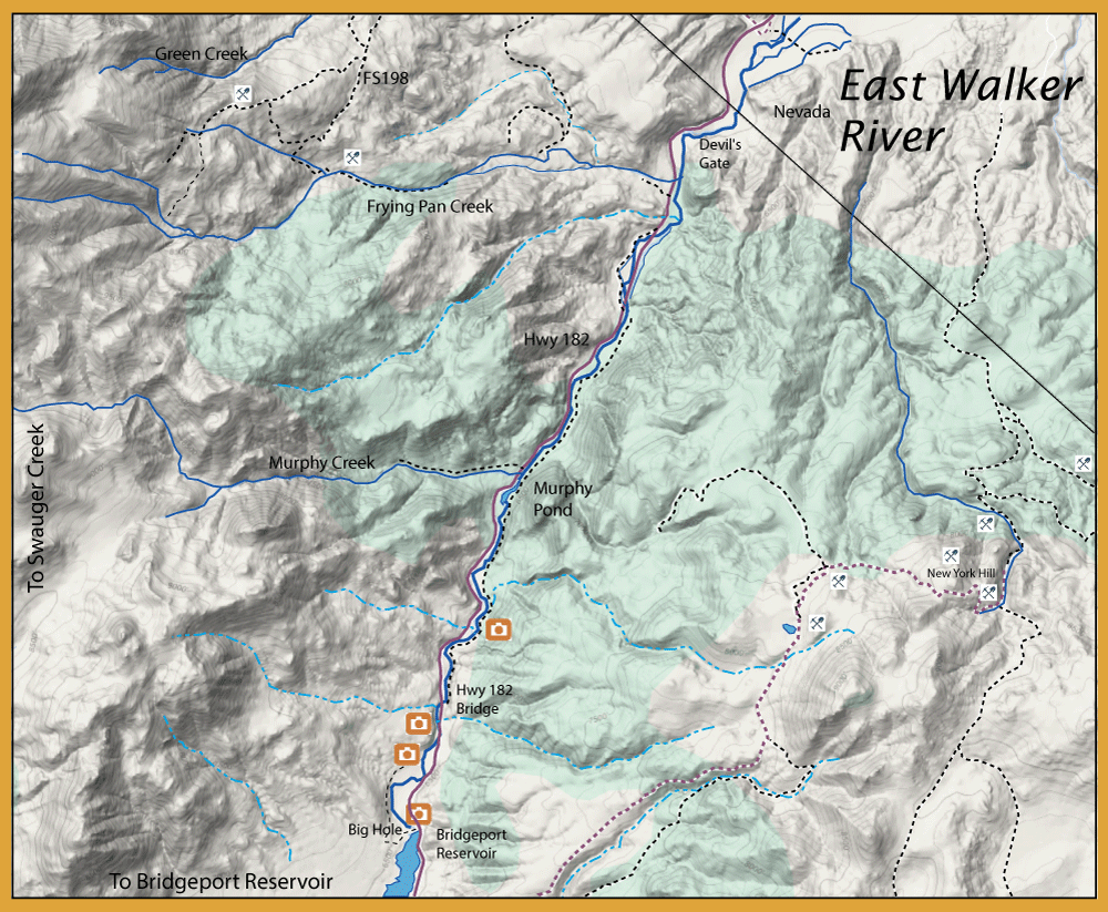 Topographic map of East Walker River area with Hwy 182, Murphy Creek, Murphy Pond, and Bridgeport Reservoir; trails and water features marked.