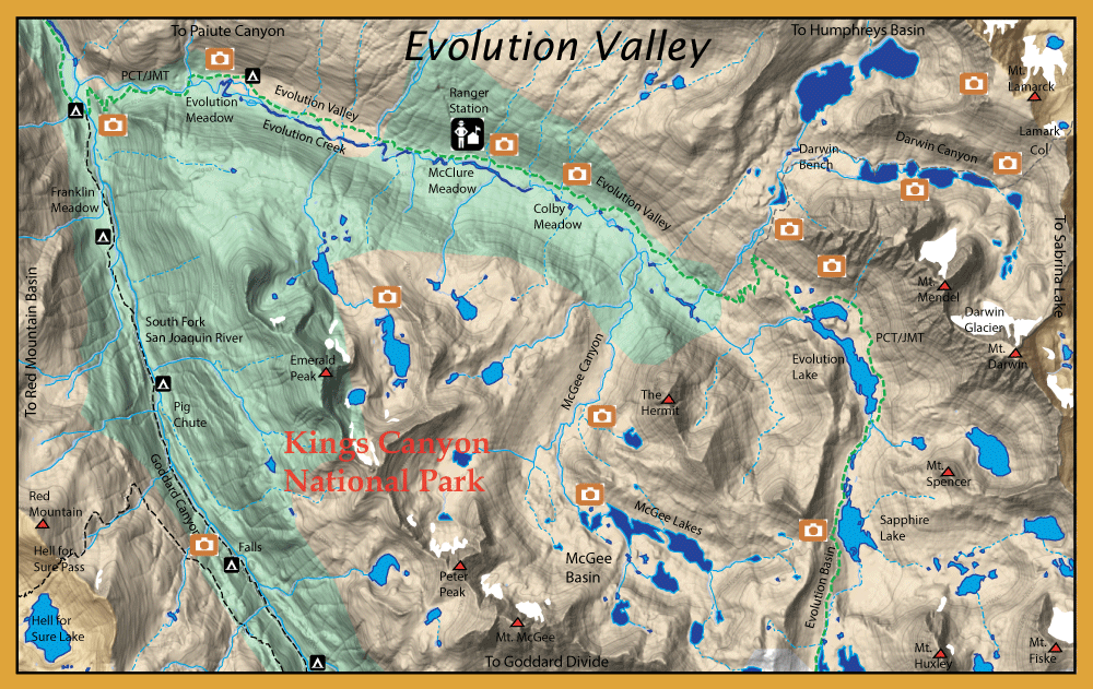 Topographic map of Kings Canyon National Park showing Evolution Valley, lakes, trails, and camera icons marking viewpoints.