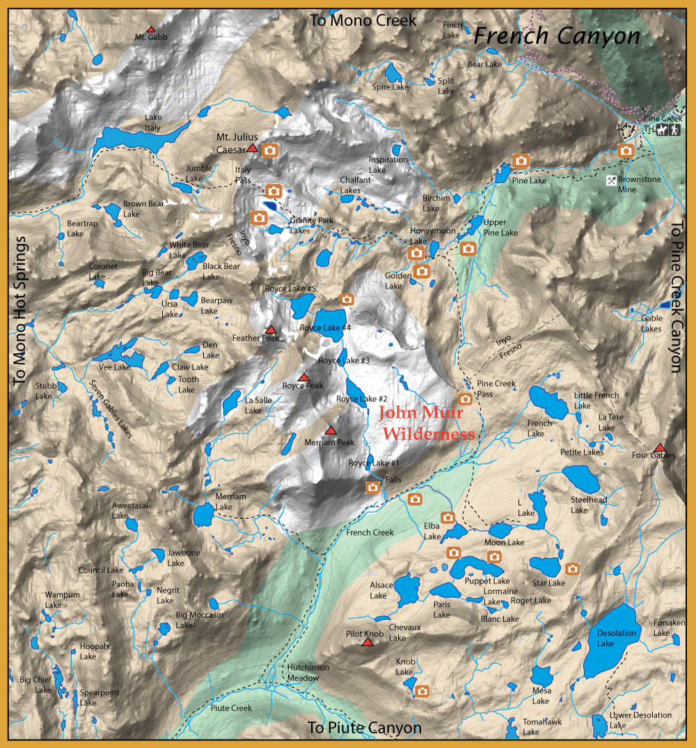 Topographic map of John Muir Wilderness with lakes, peaks, and trails; orange camera icons mark photo viewpoints around the area.