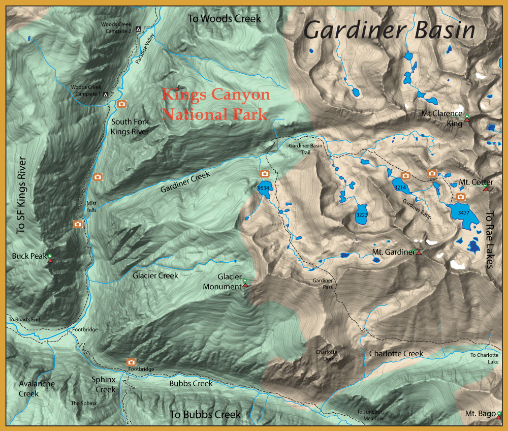 Topographic map of Kings Canyon National Park showing Gardiner Basin with contour shading, streams (Gardiner Creek), lakes in blue, and surrounding peaks and trails.