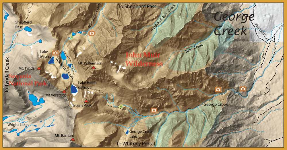 Topographic map of Sequoia National Park and John Muir Wilderness showing mountains, creeks, and lakes such as Lake Helen and Mt. Williamson with trail markers.