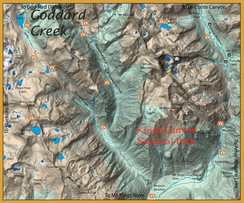 Detailed topographic map of Kings Canyon National Park with rugged terrain, rivers, and labeled features like Goddard Creek and Kings Canyon, plus orange camera icons indicating viewpoints or photo spots.